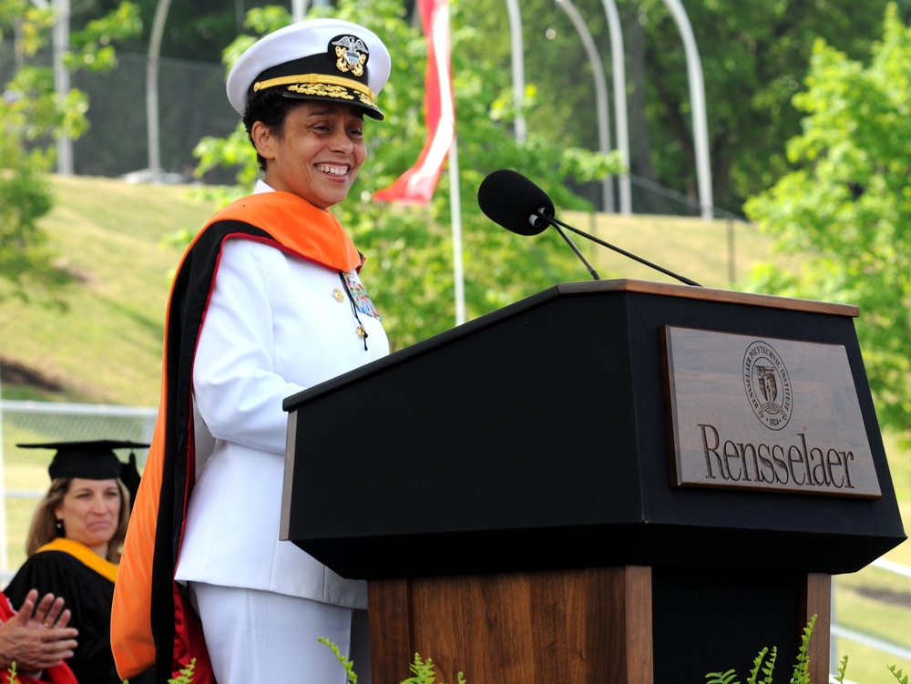 Adm. Michelle Howard gives the keynote address during a commencement ceremony at Rensselaer Polytechnic Institute
