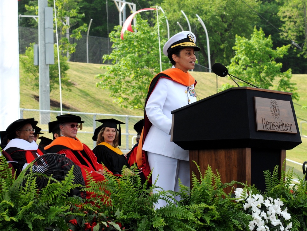 Adm. Michelle Howard gives the keynote address during a commencement ceremony at Rensselaer Polytechnic Institute