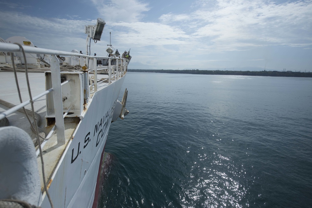 The Military Sealift Command hospital ship USNS Comfort (T-AH 20) arrives  in Acajutla, El Salvador in support of Continuing Promise 2015.