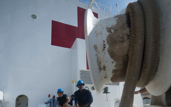 The Military Sealift Command hospital ship USNS Comfort (T-AH 20) arrives  in Acajutla, El Salvador in support of Continuing Promise 2015.