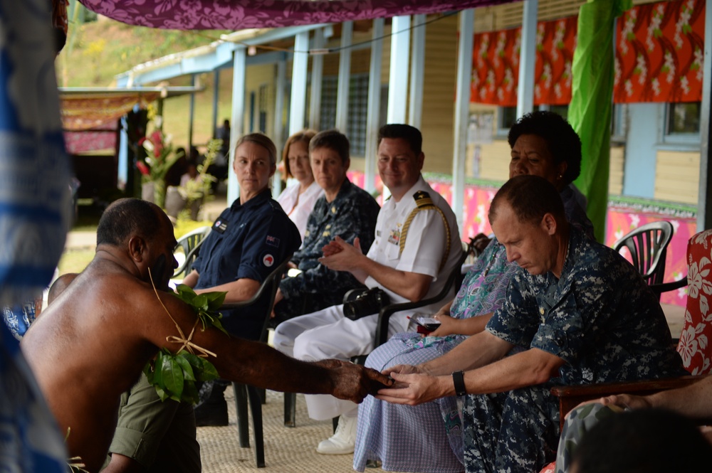 Mercy crew members participate in closing ceremony for the Viani Primary School during Pacific Partnership 2015