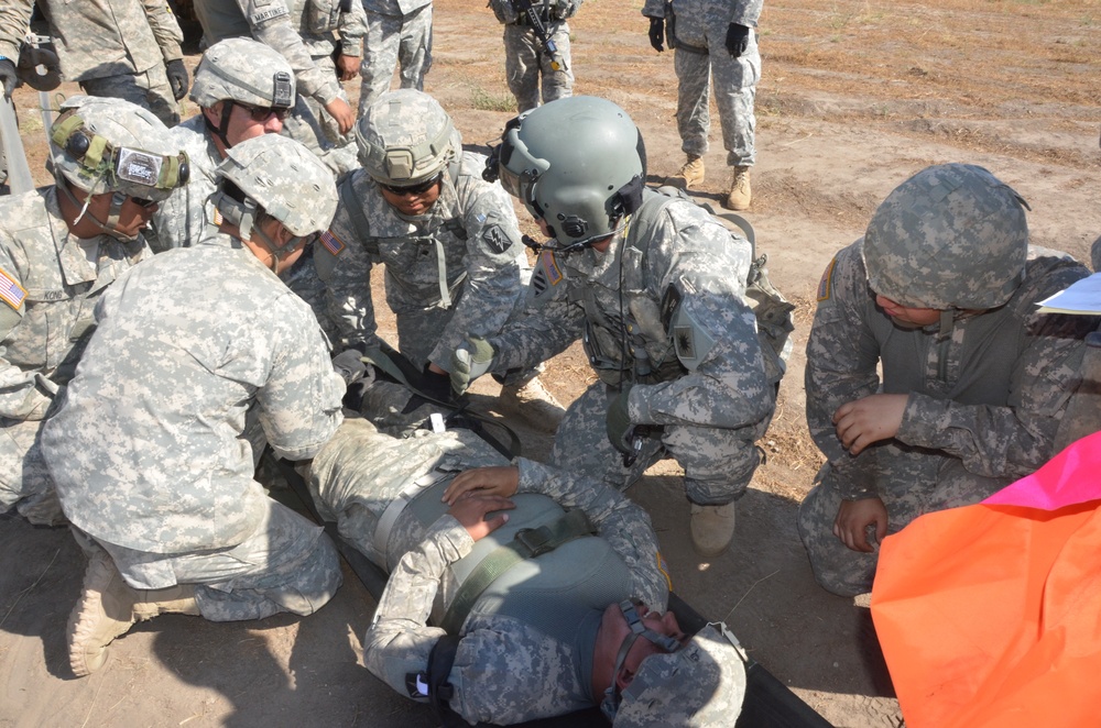 Cavalry field medics get trained on loading litter patients on medevac flight