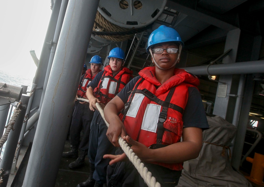 USS Oak Hill conducts resupply at sea