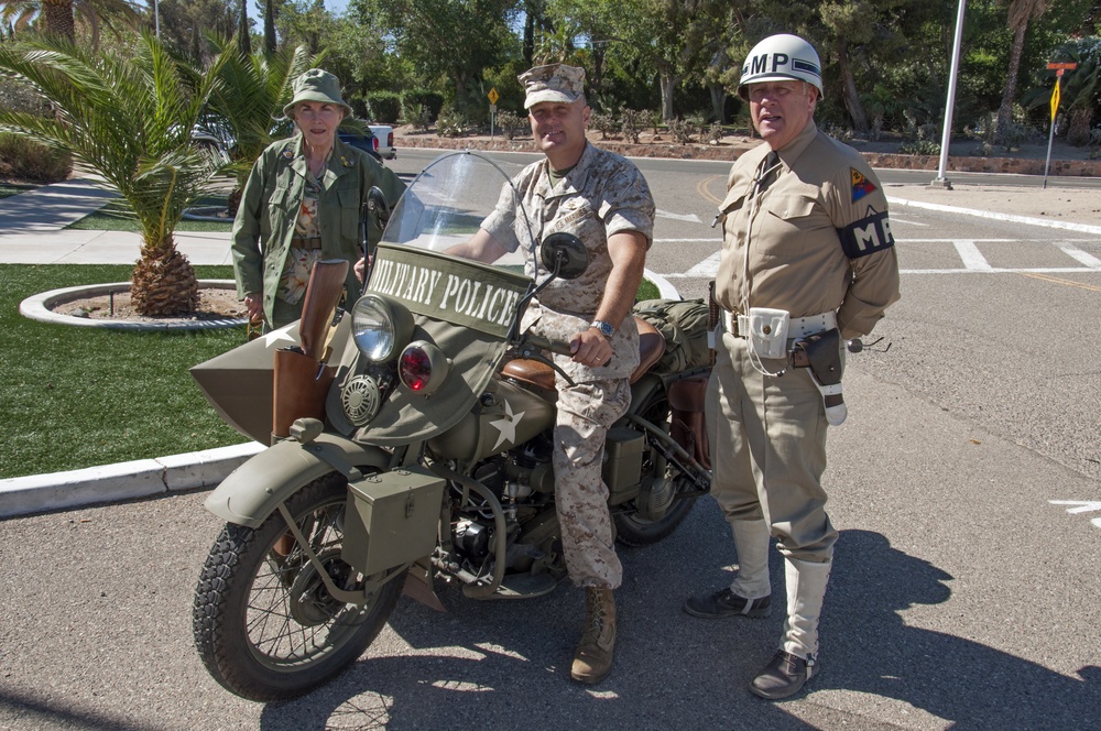 Restored WWII motorcyle stops by Marine Corps Logsitcis Base Barstow, Calif.