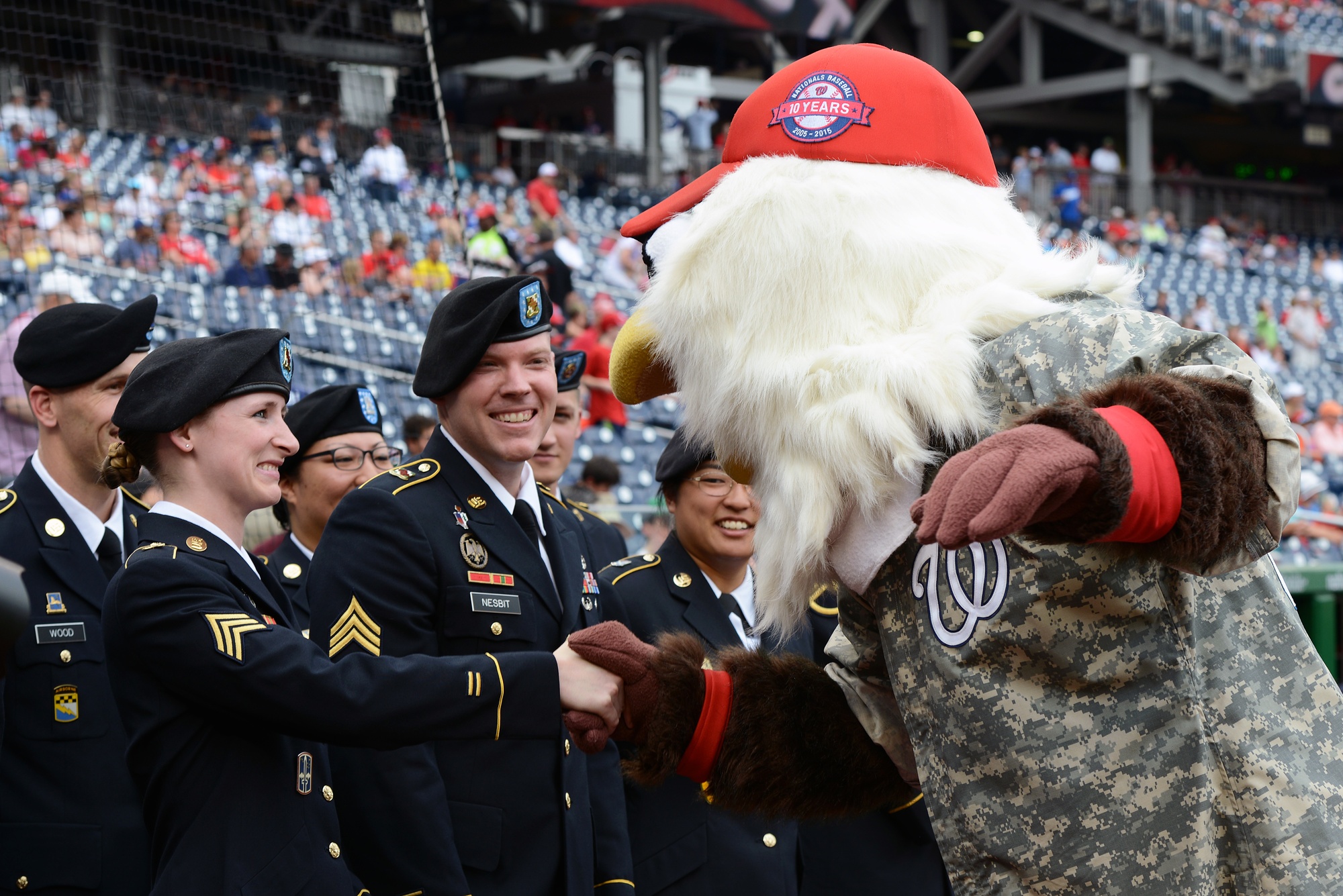 Screech, the mascot of the Washington Nationals in action during