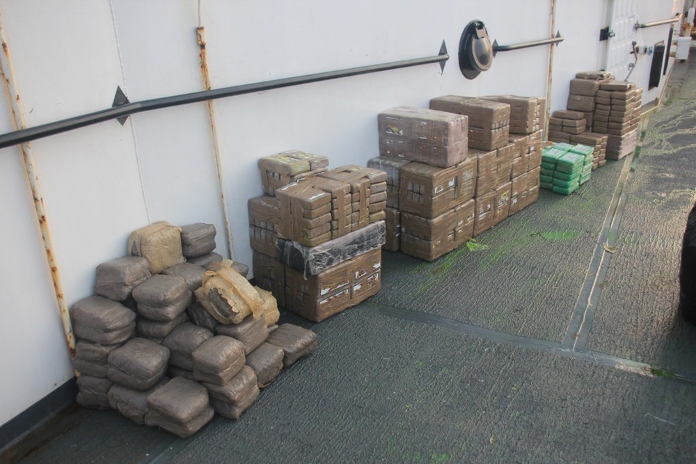 Coast Guard Midgett lined with stacks of interdicted contraband