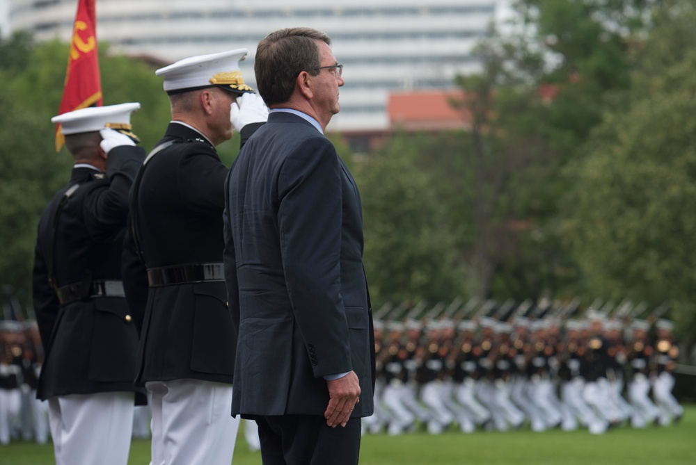 Secretary of defense attends the Marine Corps Sunset Parade at the Iwo Jima Memorial