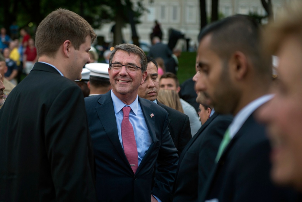 Secretary of defense attends the Marine Corps Sunset Parade at the Iwo Jima Memorial