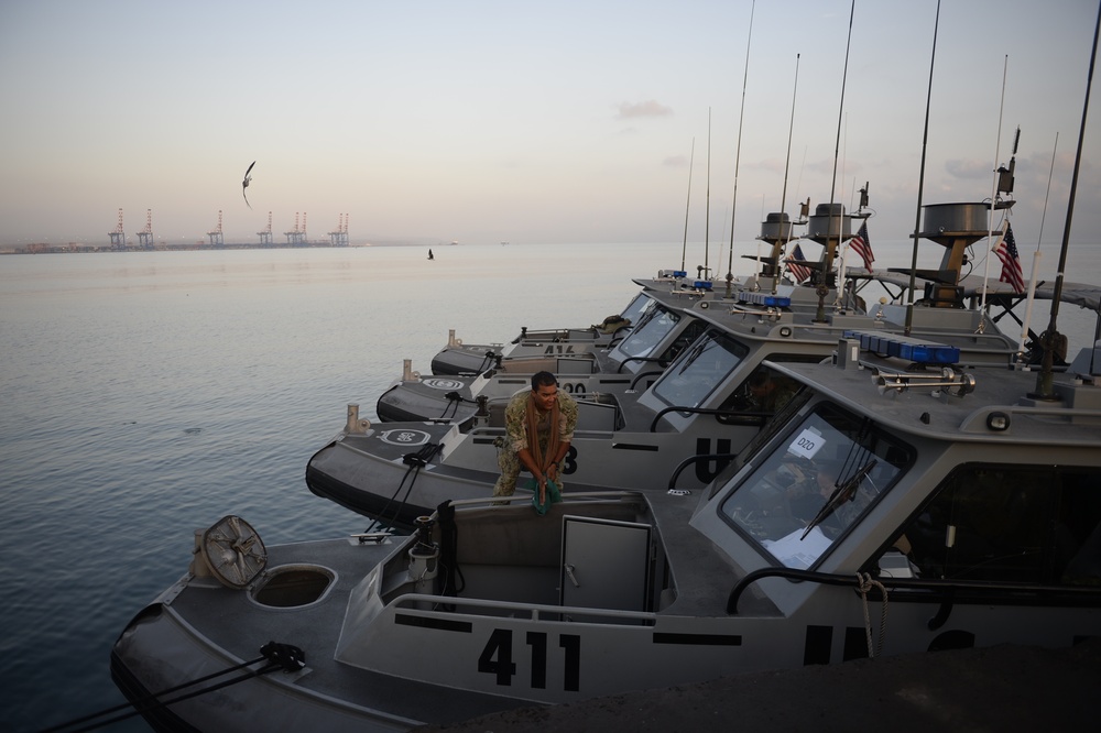 US Navy Sailors with the Coastal Riverine Squadron One patrol the waters of East Africa