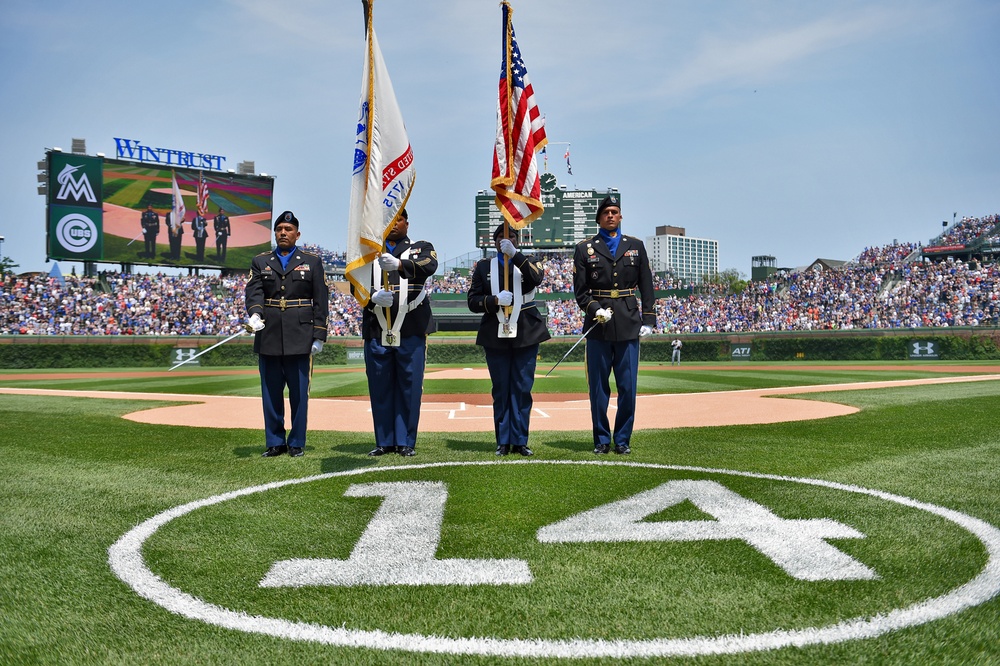 Army Reserve soldiers present the colors at Wrigley Field