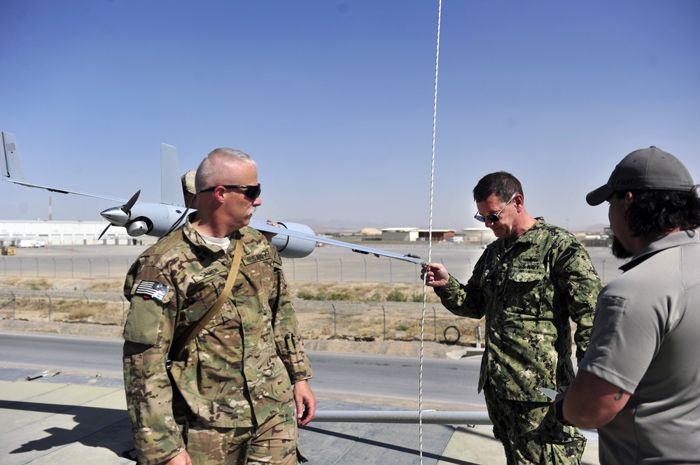 US Navy Rear Adm. Luke McCollum, vice commander, US Naval Forces Central Command, visits ScanEagle Guardian Eight Site at Kandahar Airfield June 25, 2015