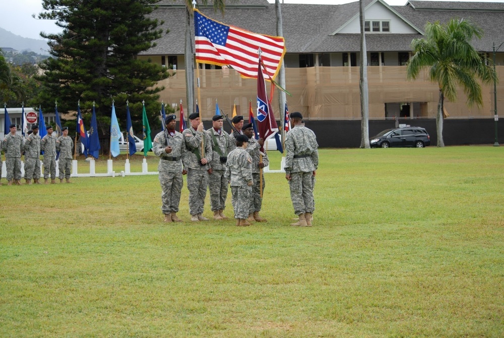 The change of command is completed with the passing of the colors