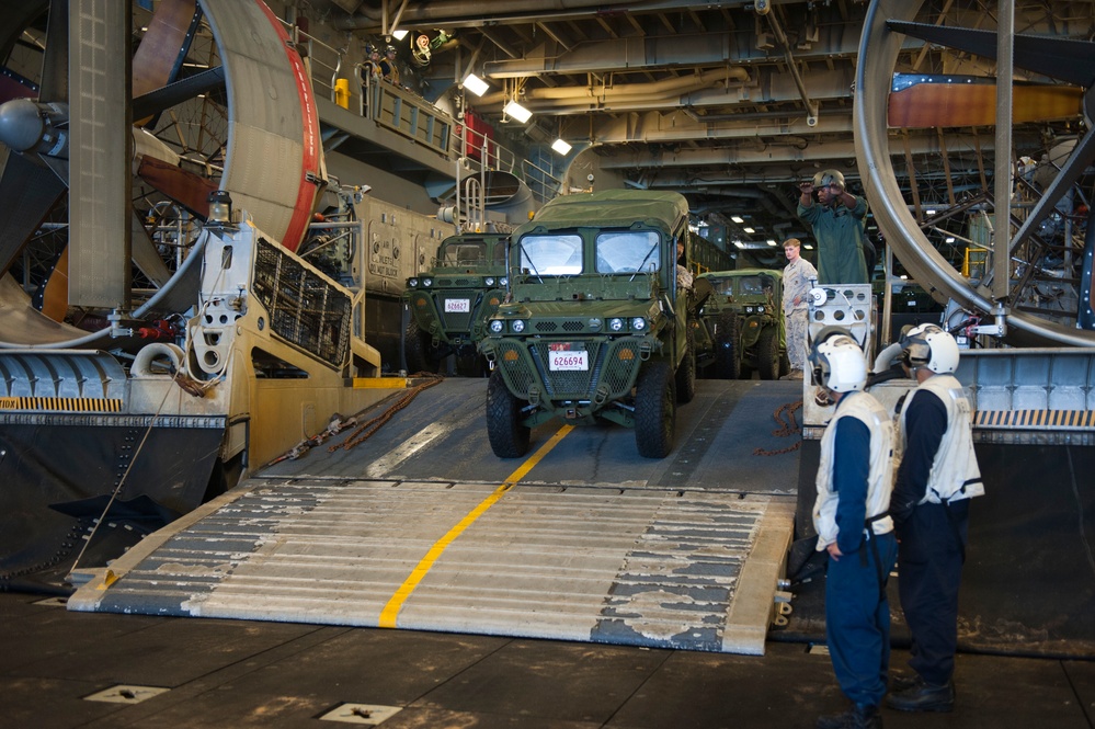 US Sailors load equipment and cargo onto a Landing Craft Air Cushion vehicle during Talisman Sabre 2015