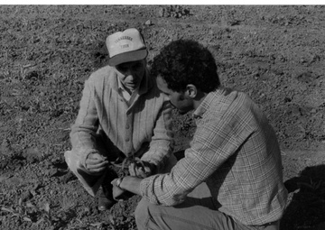 Mohamed Karrou, (right) who is writing his thesis on the effect of spacing on US hybrid corn, talks with M'hamed Hanafii, a mission agricultural officer