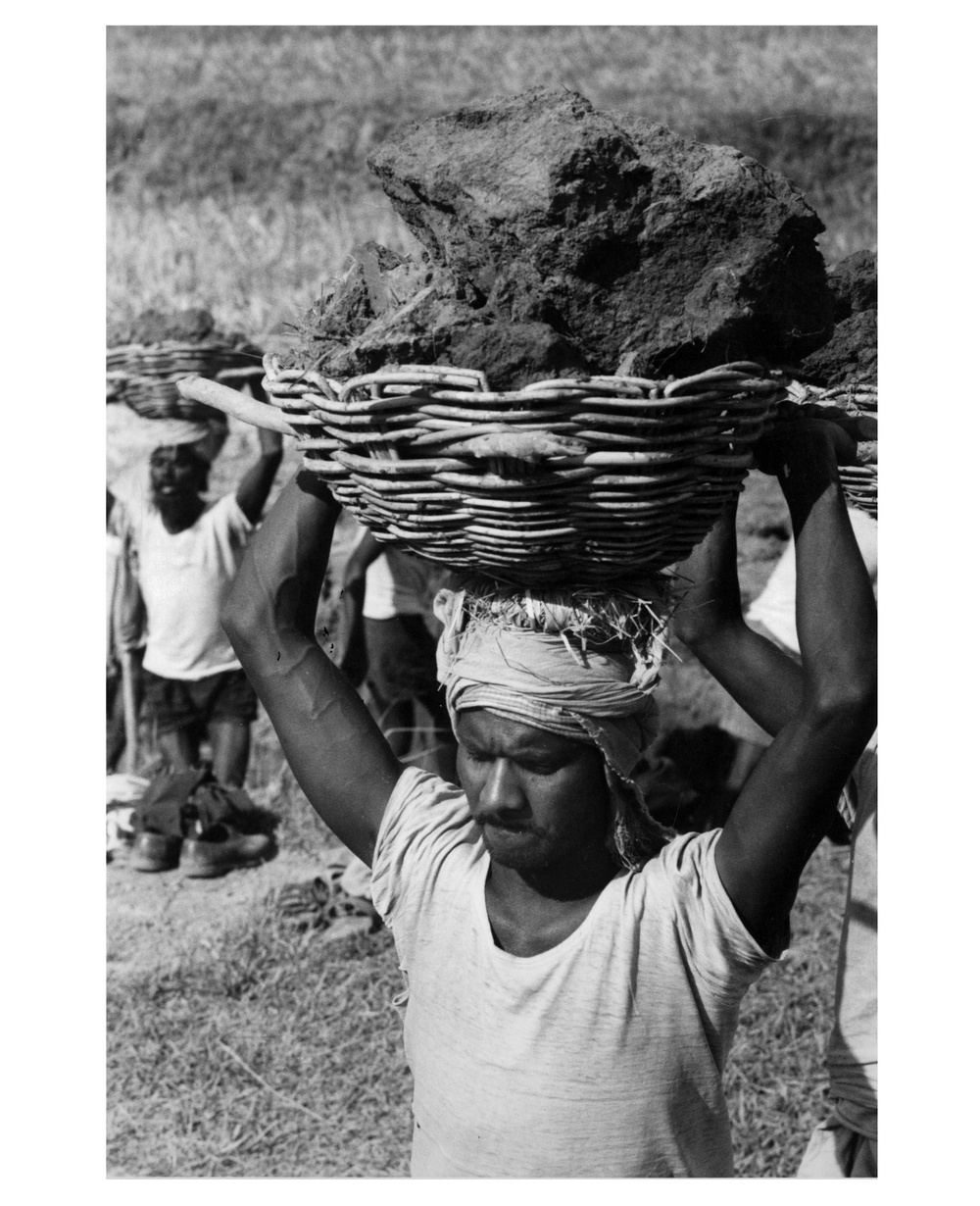 A Bengali laborer totes a load of earth on a river bank project