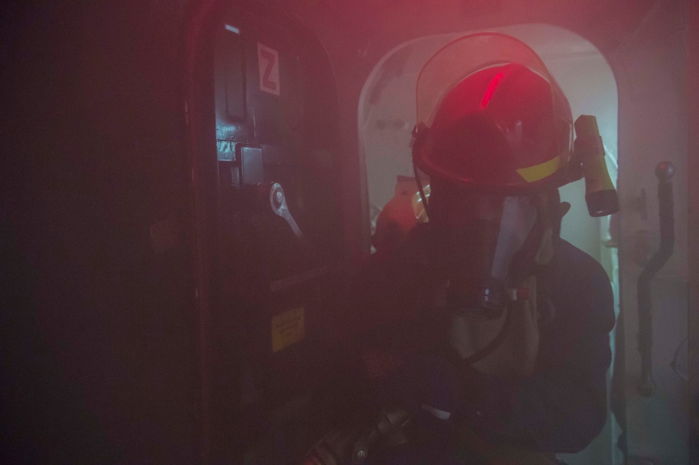 Damage control drill aboard USS Mustin
