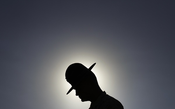 A dramatic silhouette photograph of a uniformed military or ceremonial figure photographed against a bright sun creating a halo effect in an overcast sky. The figure's head is bowed downward in what appears to be a posture of reverence or mourning. The stark black silhouette against the luminous background creates a solemn and powerful visual composition.