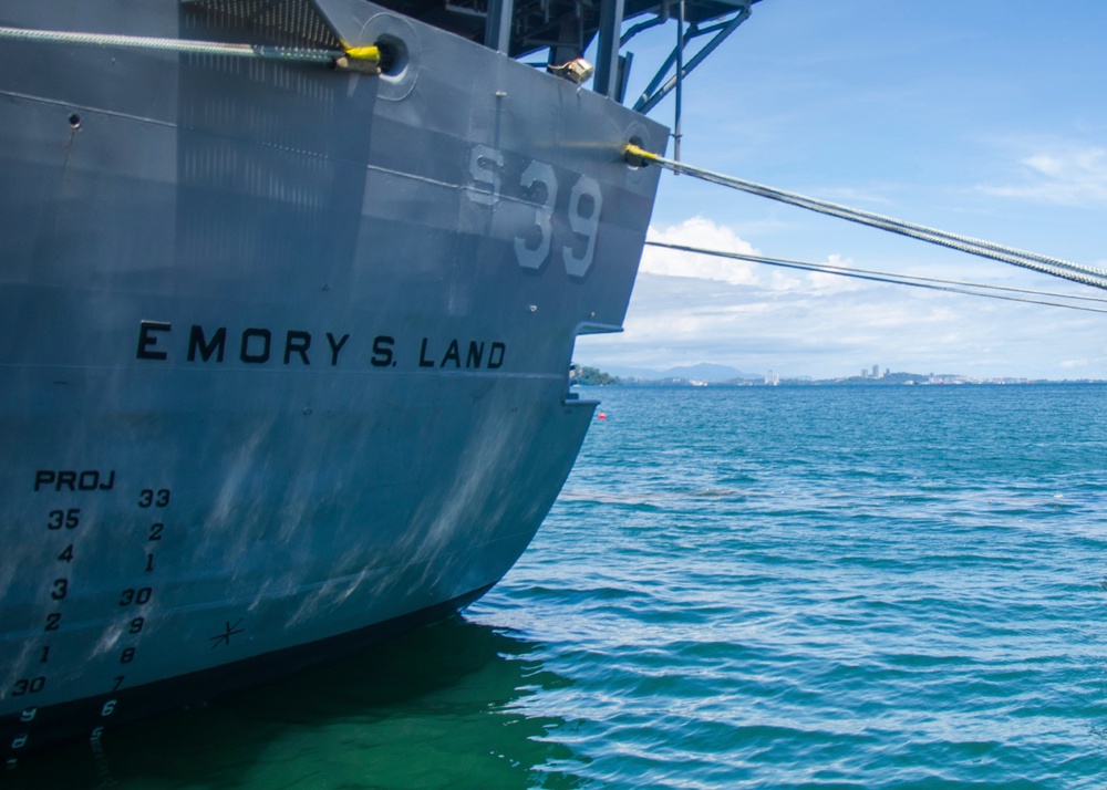 USS Emory S. Land (AS 39) arrives in Sepanggar, Malaysia