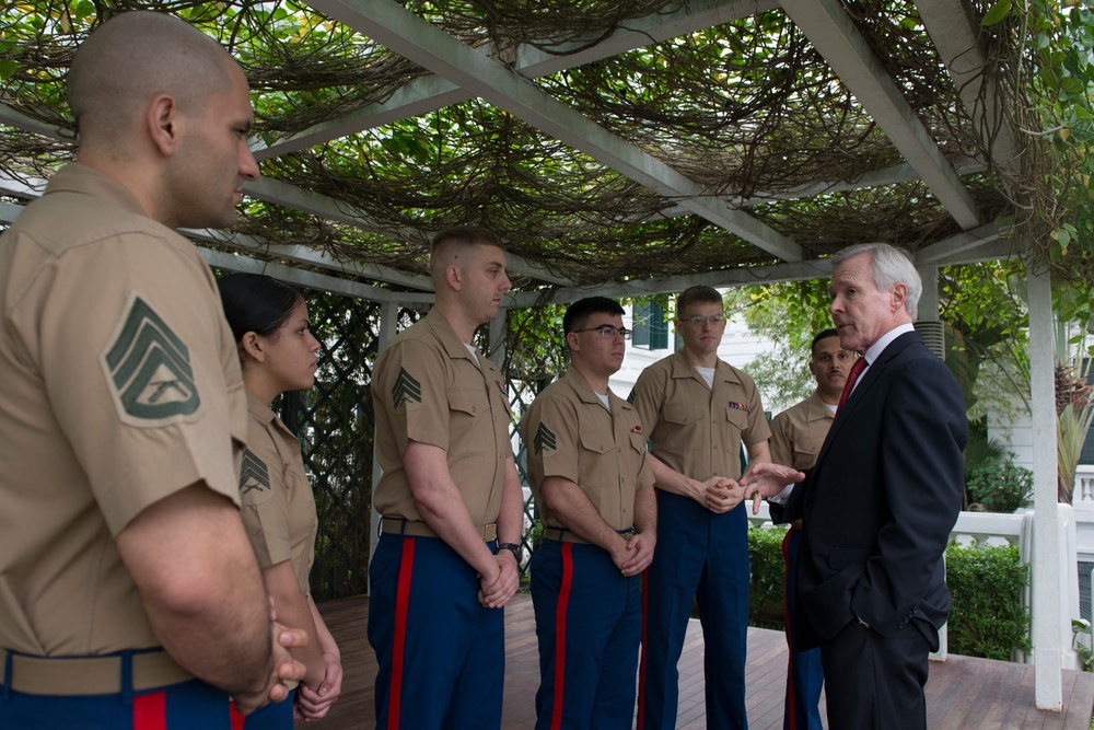 Secretary of the Navy meets with Marines assigned to the US Embassy in Vietnam