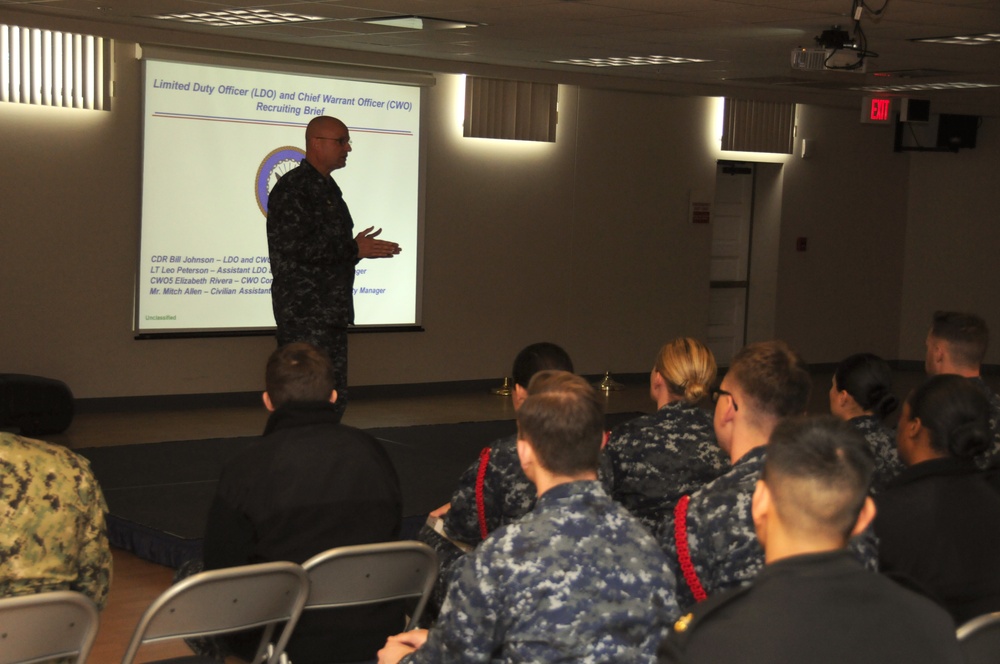 Capt. John B. Vliet speaks to prospective limited duty and chief warrant officer applicants