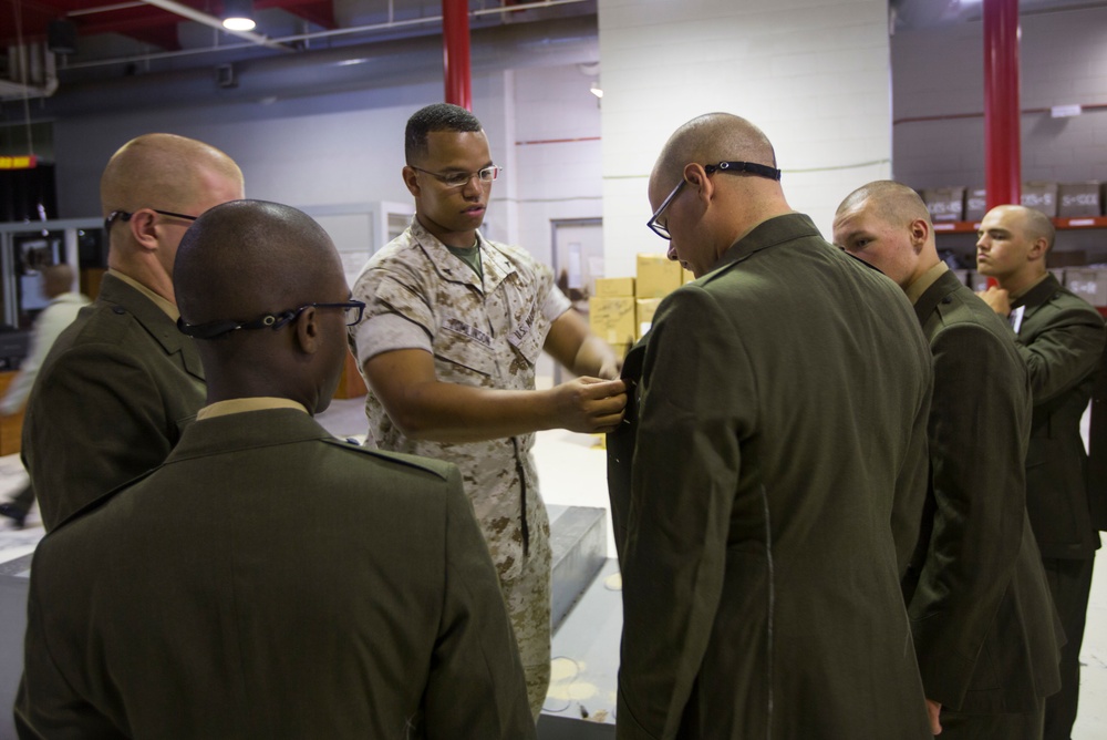 Marine recruits get fitted for the Corps’ uniforms on Parris Island