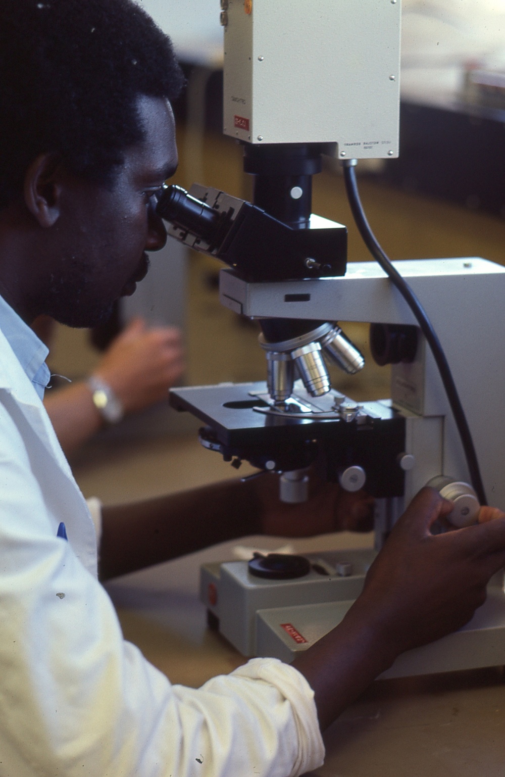 Looking through a microscope