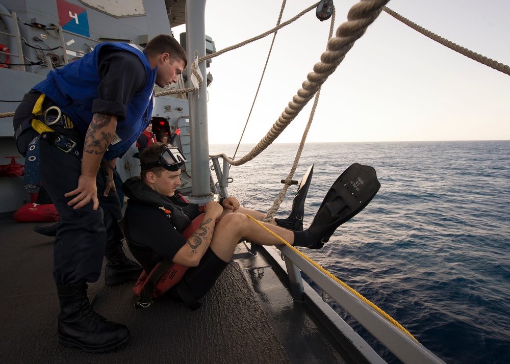 Man overboard drill aboard USS Ross