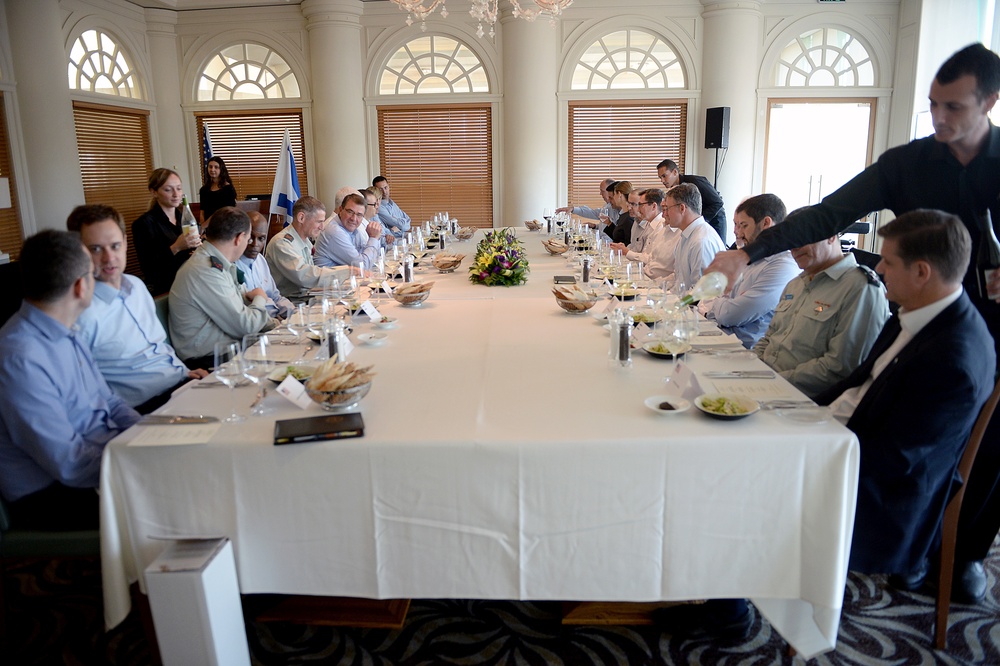 Secretary of defense and Israel's minister of defense sit down to have dinner