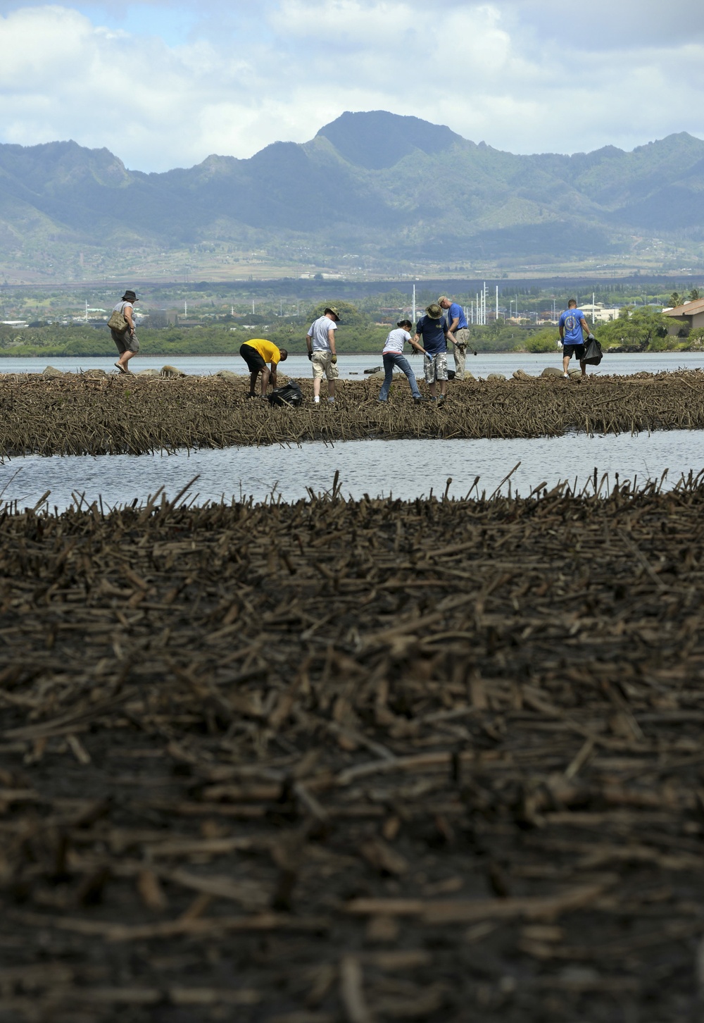 Sailors assist in a cleanup at the ancient fishpond, Loko Pa’aiau, on Oahu