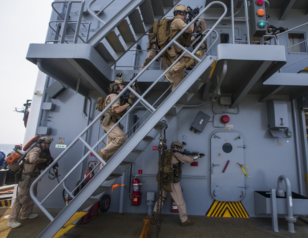 Force Recon Marines practice taking over ships at sea