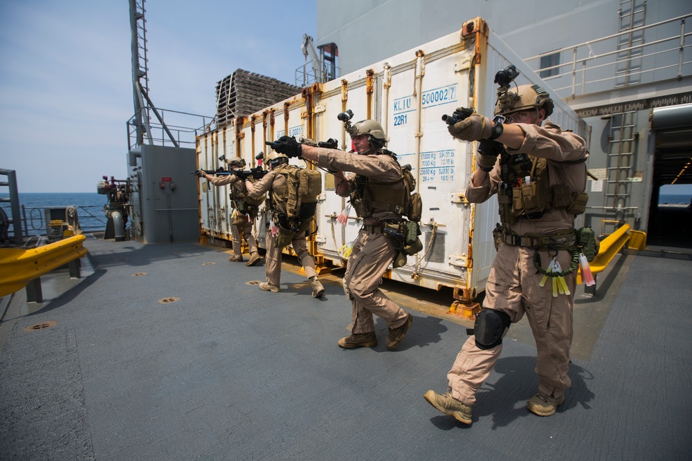 Force Recon Marines practice taking over ships at sea