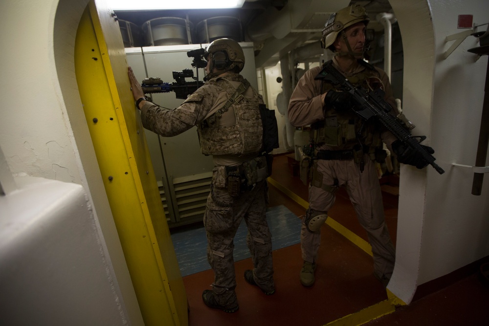 Force Recon Marines practice taking over ships at sea