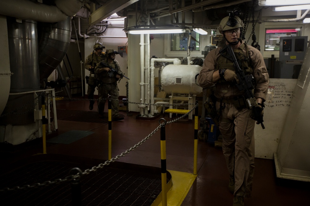 Force Recon Marines practice taking over ships at sea