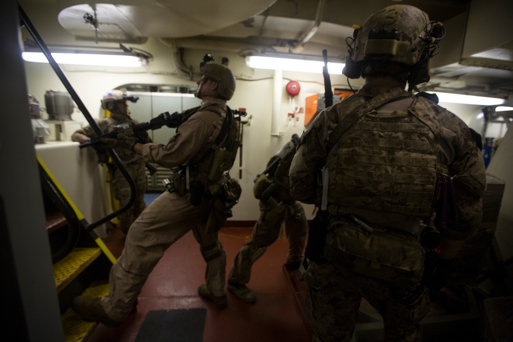 Force Recon Marines practice taking over ships at sea