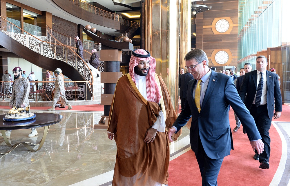 Secretary of defense walks with minister of defense of Saudi Arabia