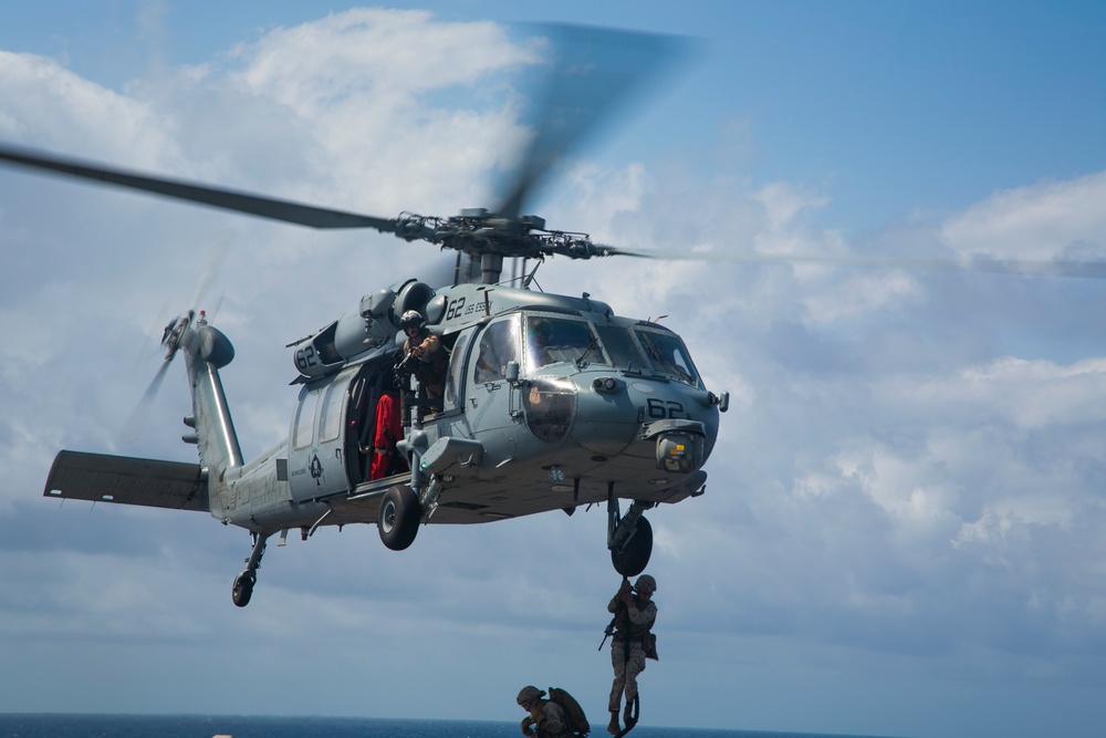 U.S. Marines practice ship boarding at sea