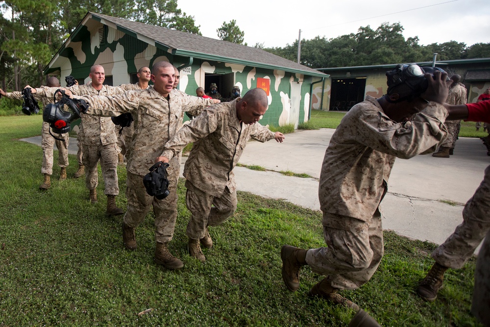 Marine recruits breathe easy in gas chamber on Parris Island