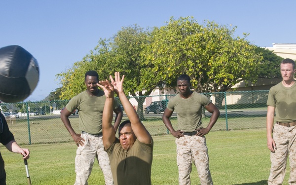 A group of military personnel in olive green t-shirts and camouflage pants are participating in an outdoor physical training exercise on a grass field. One service member is kneeling and has just released a medicine ball upward, while others observe. A civilian instructor in black athletic wear stands nearby holding a measuring stick or similar implement.