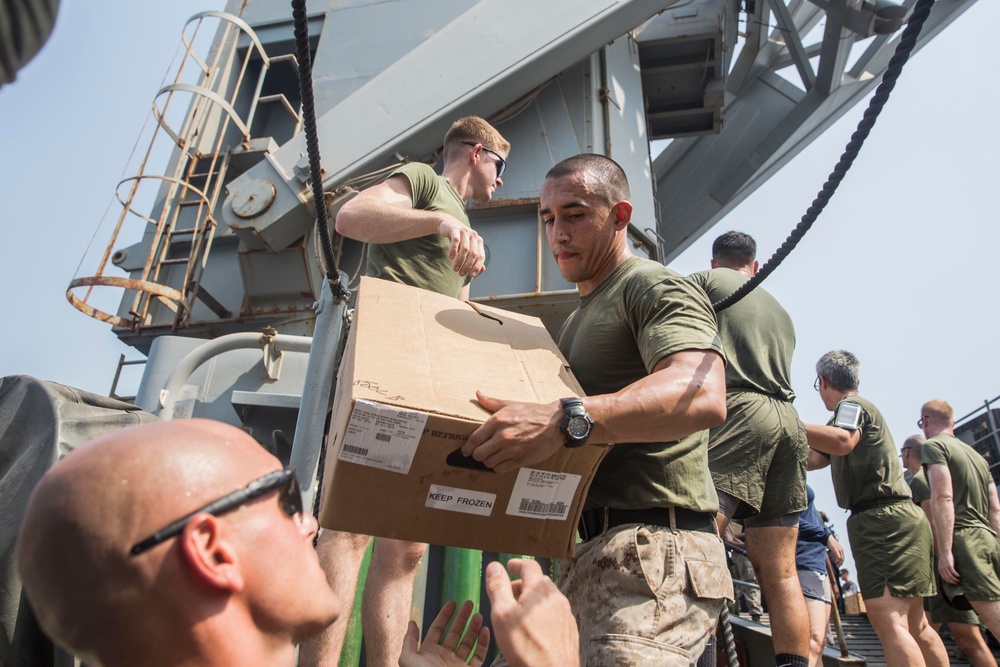 U.S. Marines pitch in for replenishment-at-sea