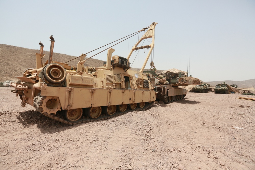 U.S. Marines repair M1A1 Abrams tanks