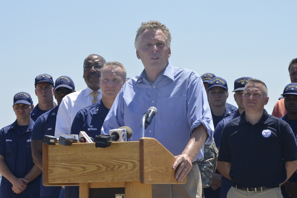Gov. Terry McAuliffe speaks on hurricane readiness at Coast Guard Base Portsmouth