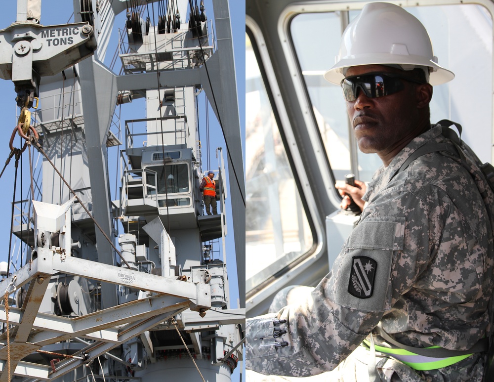 Crane operator with the 441st Transportation Company (Seaport Operations)