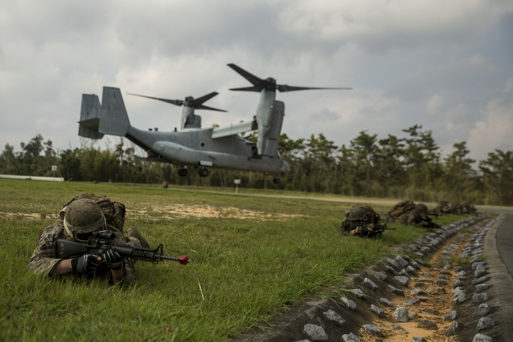 Support squadron Marines land, provide airfield security for Osprey landing