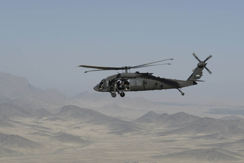 Afghan National Army 205th Corps and TAAC-S leadership conduct aerial battlefield familiarization to key terrain in Afghanistan