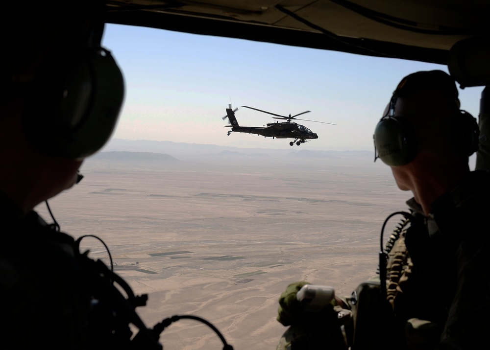 Afghan National Army 205th Corps and TAAC-S leadership conduct aerial battlefield familiarization to key terrain in Afghanistan