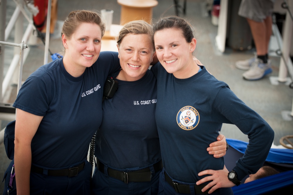 Crew members of the Coast Guard's newest National Security Cutter, James