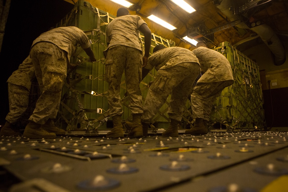 VMAQ-3 loads cargo onto commercial cargo aircraft