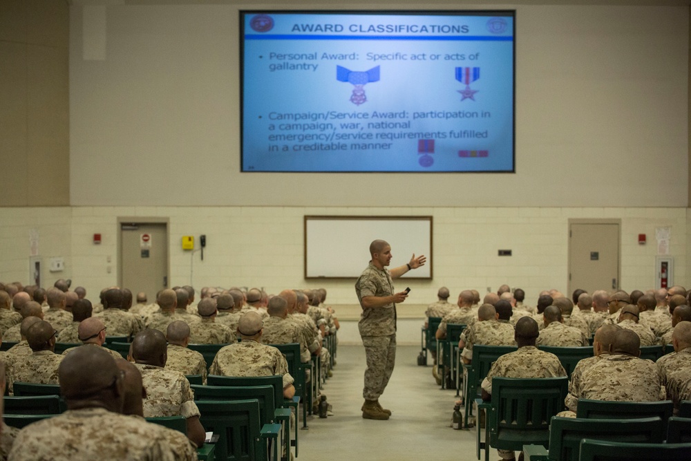 Marine recruits learn uniform regulations on Parris Island