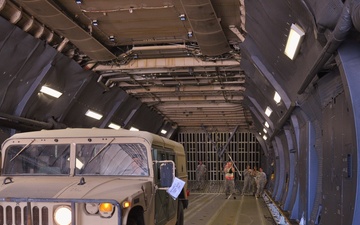 Soldiers and Airmen load cargo aboard C-5 aircraft