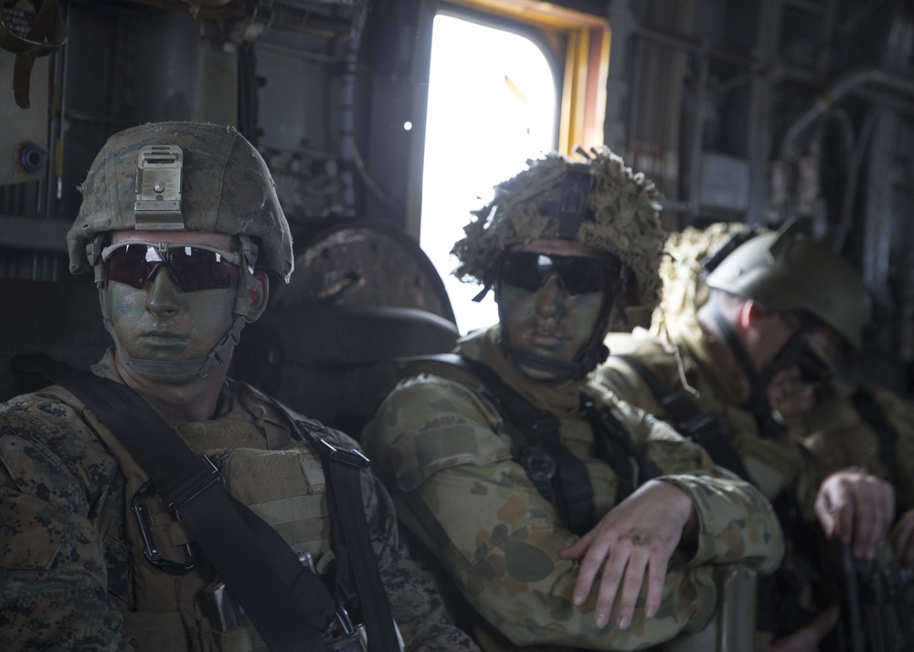 U.S. Marines and Australian soldiers conduct helicopter raid training